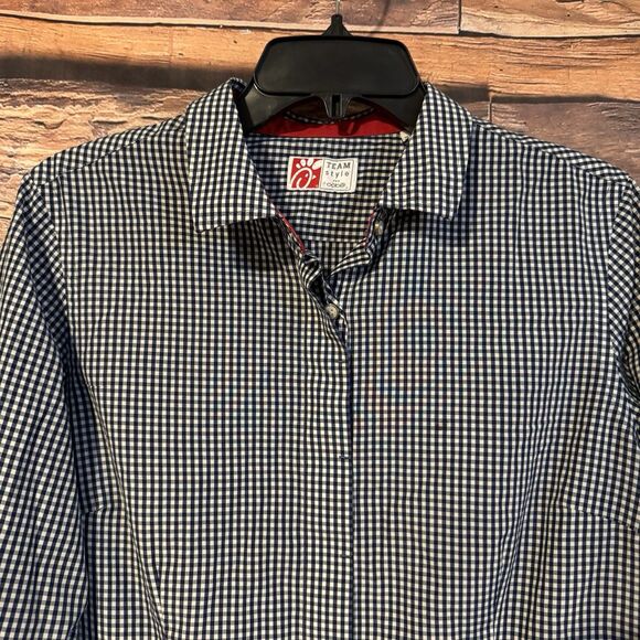 Chick-fil-A Blue White Plaid Oobe Team Style Work Shirt Uniform Top Womens Large - Picture 2 of 7